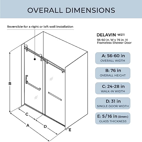 Sliding Glass Door 56-60" W x 59" H Frameless Sliding Bathtub Door, Tub Shower Door, Bathtub Glass Door, Bathtub Shower Door, 5/16" (8mm) Certified Clear Tempered Glass, Stainless Steel Frame, Matte Black