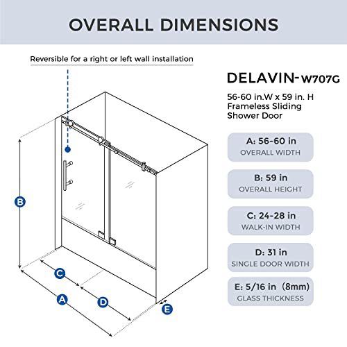 Sliding Glass Door 56-60" W x 59" H Frameless Sliding Bathtub Door, Tub Shower Door, Bathtub Glass Door, Bathtub Shower Door, 5/16" (8mm) Certified Clear Tempered Glass, Stainless Steel Frame, Matte Black