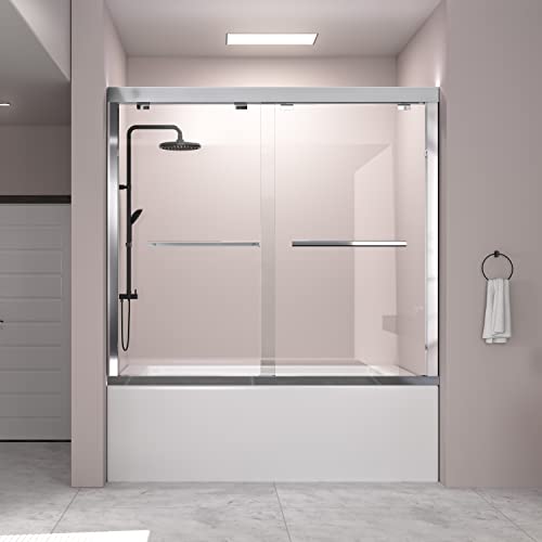 Sliding Glass Door 56-60 in. Frameless Shower Door, Bathroom Sliding Shower Door, 5/16" (8mm) Clear Tempered Glass, SGCC Tempered Glass Door with Explosion-Proof Film