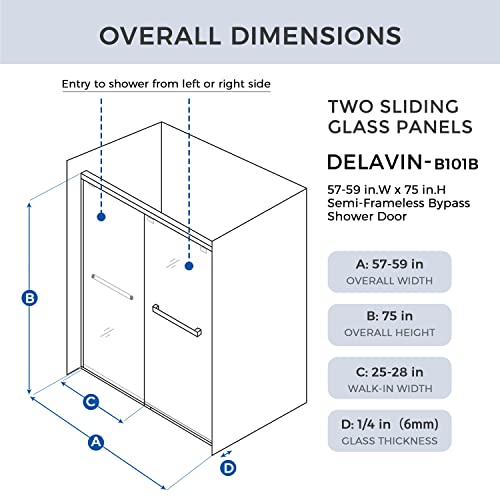 Sliding Glass Door 56-60 in. Frameless Shower Door, Bathroom Sliding Shower Door, 5/16" (8mm) Clear Tempered Glass, SGCC Tempered Glass Door with Explosion-Proof Film