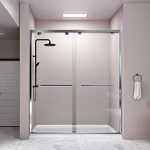Sliding Glass Door 56-60 in. Frameless Shower Door, Bathroom Sliding Shower Door, 5/16" (8mm) Clear Tempered Glass, SGCC Tempered Glass Door with Explosion-Proof Film