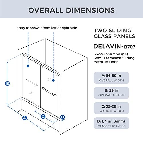 Sliding Glass Door 56-60 in. Frameless Shower Door, Bathroom Sliding Shower Door, 5/16" (8mm) Clear Tempered Glass, SGCC Tempered Glass Door with Explosion-Proof Film