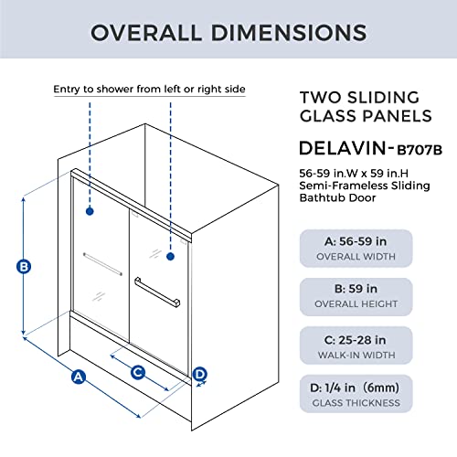Sliding Glass Door 56-60 in. Frameless Shower Door, Bathroom Sliding Shower Door, 5/16" (8mm) Clear Tempered Glass, SGCC Tempered Glass Door with Explosion-Proof Film