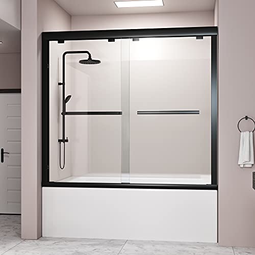 Sliding Glass Door 56-60 in. Frameless Shower Door, Bathroom Sliding Shower Door, 5/16" (8mm) Clear Tempered Glass, SGCC Tempered Glass Door with Explosion-Proof Film