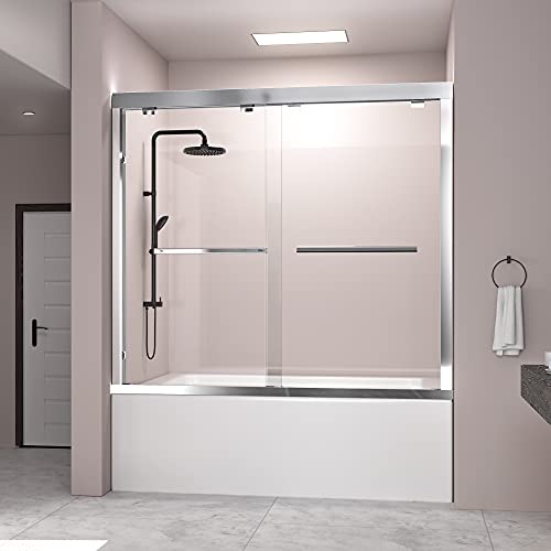 Sliding Glass Door 56-60 in. Frameless Shower Door, Bathroom Sliding Shower Door, 5/16" (8mm) Clear Tempered Glass, SGCC Tempered Glass Door with Explosion-Proof Film