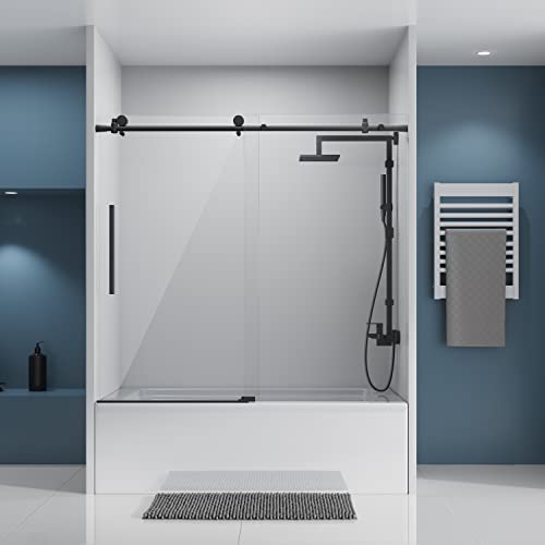 Sliding Glass Door 56-60" W x 59" H Frameless Sliding Bathtub Door, Tub Shower Door, Bathtub Glass Door, Bathtub Shower Door, 5/16" (8mm) Certified Clear Tempered Glass, Stainless Steel Frame, Matte Black