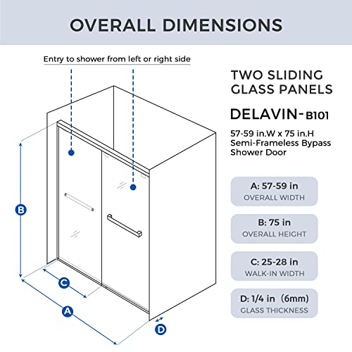 Sliding Glass Door 56-60 in. Frameless Shower Door, Bathroom Sliding Shower Door, 5/16" (8mm) Clear Tempered Glass, SGCC Tempered Glass Door with Explosion-Proof Film