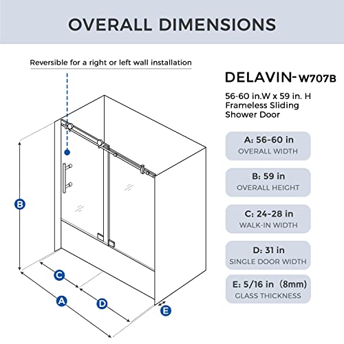 Sliding Glass Door 56-60" W x 59" H Frameless Sliding Bathtub Door, Tub Shower Door, Bathtub Glass Door, Bathtub Shower Door, 5/16" (8mm) Certified Clear Tempered Glass, Stainless Steel Frame, Matte Black