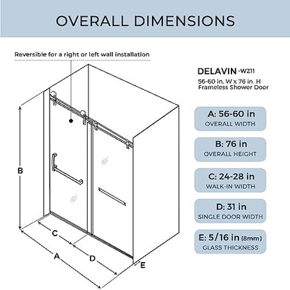 Sliding Glass Door 56-60 in. Frameless Shower Door, Bathroom Sliding Shower Door, 5/16" (8mm) Clear Tempered Glass, SGCC Tempered Glass Door with Explosion-Proof Film