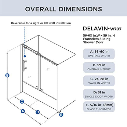 Sliding Glass Door 56-60 in. Frameless Shower Door, Bathroom Sliding Shower Door, 5/16" (8mm) Clear Tempered Glass, SGCC Tempered Glass Door with Explosion-Proof Film