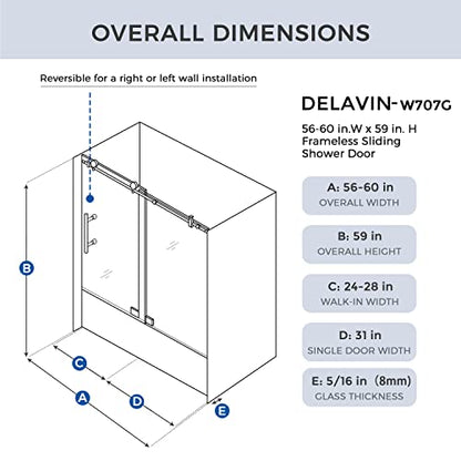 Sliding Glass Door 56-60 in. Frameless Shower Door, Bathroom Sliding Shower Door, 5/16" (8mm) Clear Tempered Glass, SGCC Tempered Glass Door with Explosion-Proof Film
