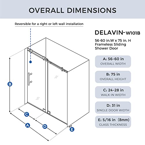 Sliding Glass Door 56-60 in. Frameless Shower Door, Bathroom Sliding Shower Door, 5/16" (8mm) Clear Tempered Glass, SGCC Tempered Glass Door with Explosion-Proof Film