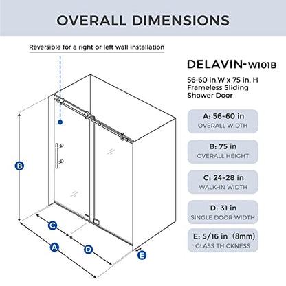 Sliding Glass Door 56-60 in. Frameless Shower Door, Bathroom Sliding Shower Door, 5/16" (8mm) Clear Tempered Glass, SGCC Tempered Glass Door with Explosion-Proof Film