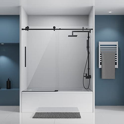 Sliding Glass Door 56-60 in. Frameless Shower Door, Bathroom Sliding Shower Door, 5/16" (8mm) Clear Tempered Glass, SGCC Tempered Glass Door with Explosion-Proof Film