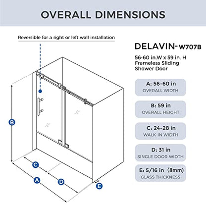 Sliding Glass Door 56-60 in. Frameless Shower Door, Bathroom Sliding Shower Door, 5/16" (8mm) Clear Tempered Glass, SGCC Tempered Glass Door with Explosion-Proof Film