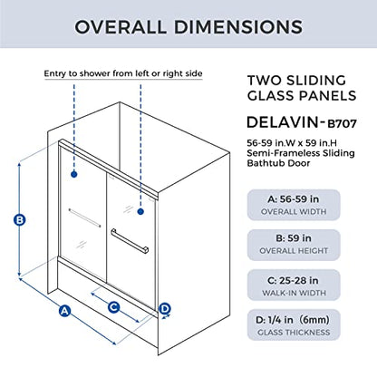 Sliding Glass Door 56-60" W x 59" H Frameless Sliding Bathtub Door, Tub Shower Door, Bathtub Glass Door, Bathtub Shower Door, 5/16" (8mm) Certified Clear Tempered Glass, Stainless Steel Frame, Matte Black