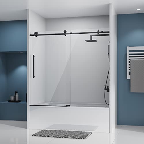 Sliding Glass Door 56-60" W x 59" H Frameless Sliding Bathtub Door, Tub Shower Door, Bathtub Glass Door, Bathtub Shower Door, 5/16" (8mm) Certified Clear Tempered Glass, Stainless Steel Frame, Matte Black