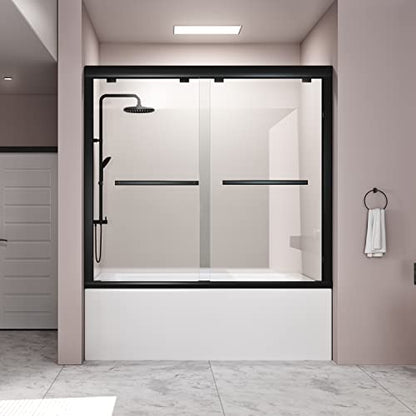 Sliding Glass Door 56-60" W x 59" H Frameless Sliding Bathtub Door, Tub Shower Door, Bathtub Glass Door, Bathtub Shower Door, 5/16" (8mm) Certified Clear Tempered Glass, Stainless Steel Frame, Matte Black