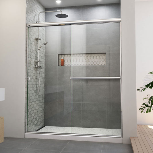 Shower Sliding Glass Door -60 in. W x 70 3/8 in. H Semi-Frameless Sliding Shower Door in Chrome and Clear Glass
